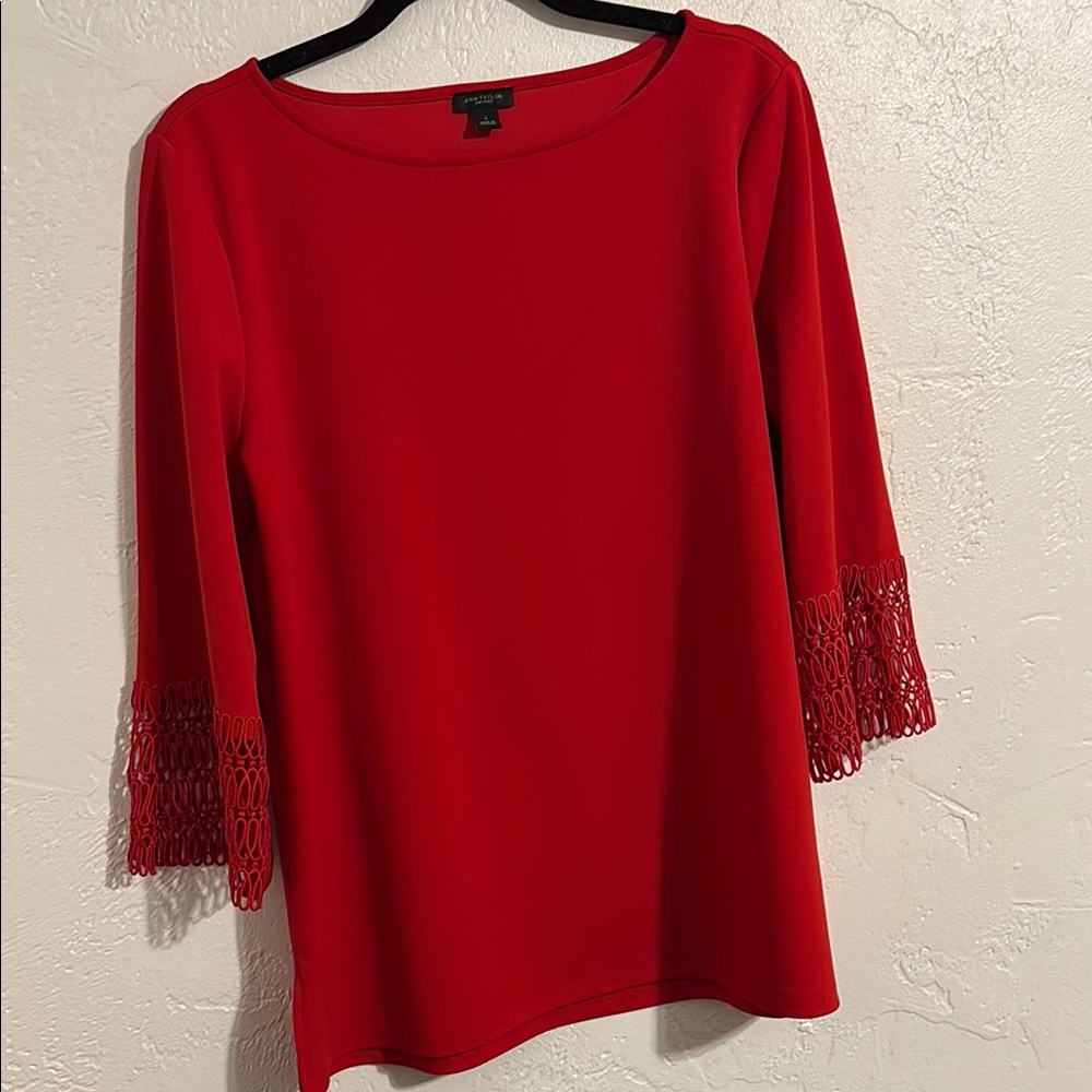 Ann Taylor Factory Red Blouse with Three Quarter Lace Sleeves and Boat Neck